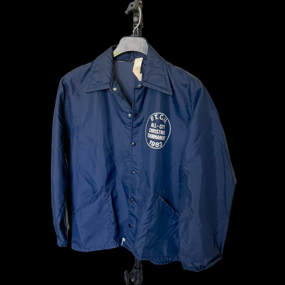 Vintage 1983 PTCU All City Christmas Tournament Coaches Jacket Navy‎ Blue Mens L